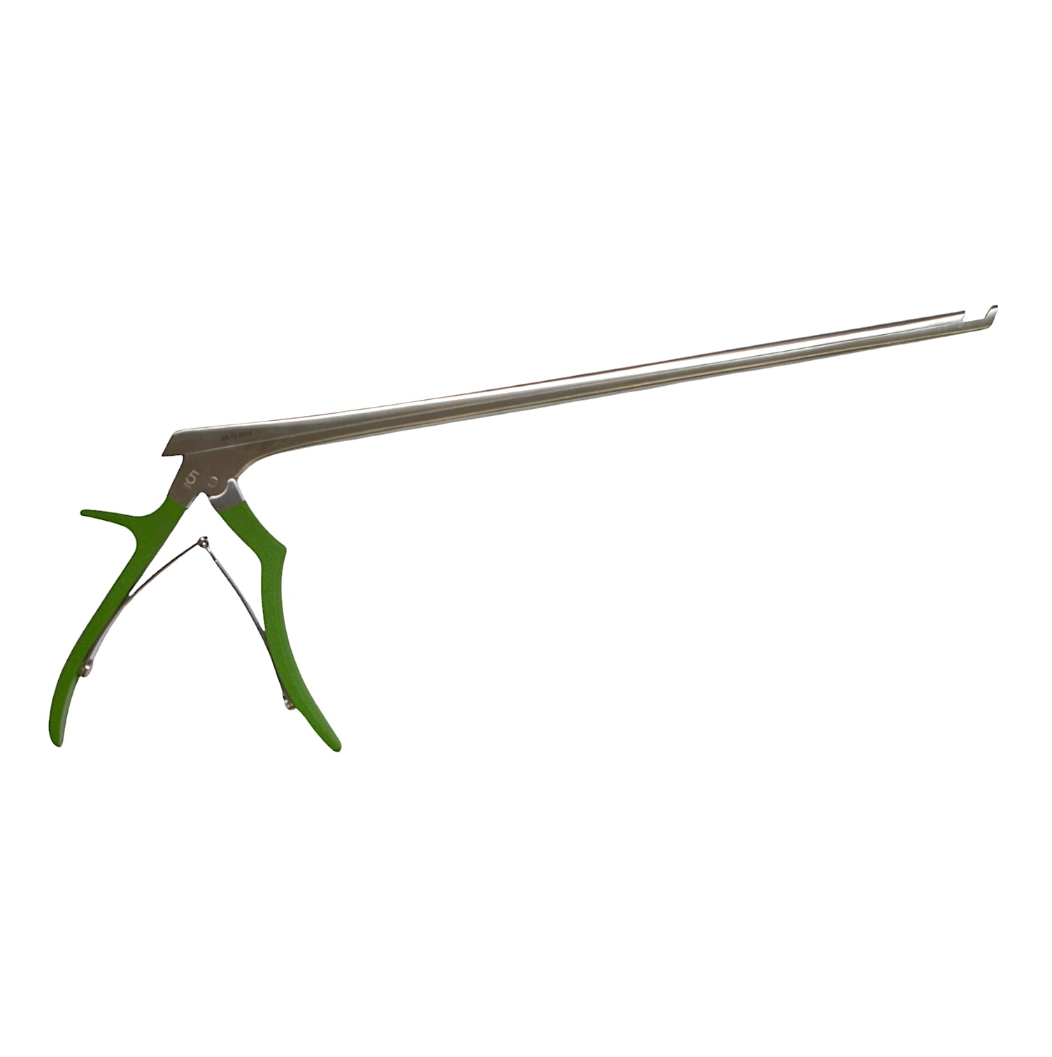 Top-down view of the gPunch, a 12-inch instrument with a forward 5mm tip and a green Ferris-Smith-Kerrison silicone coated handle.