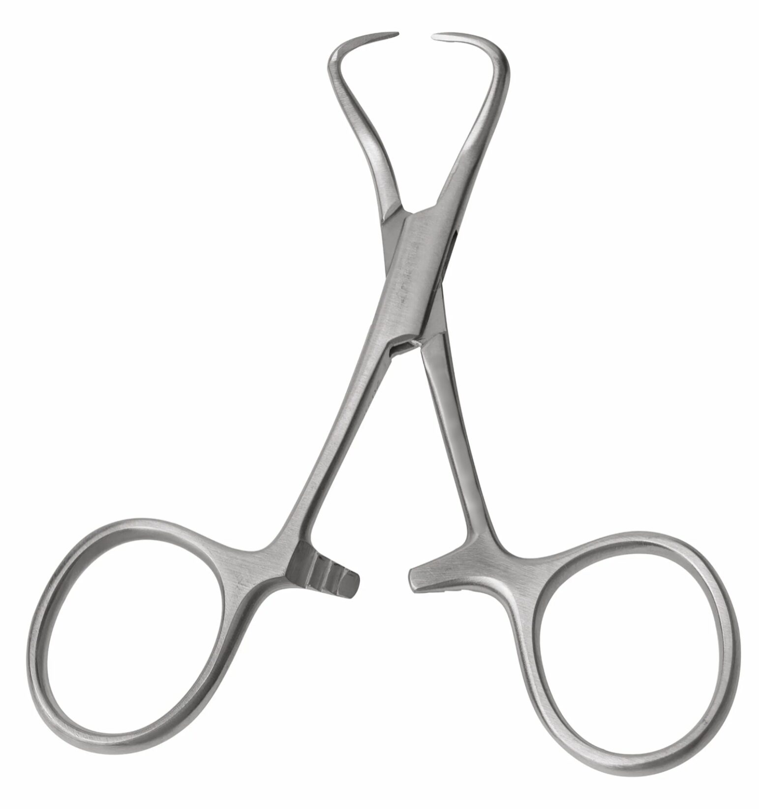 Close-up view of the tips of gSource g2 Backhaus Towel Forceps, showing the sharp, curved jaws designed for secure gripping.